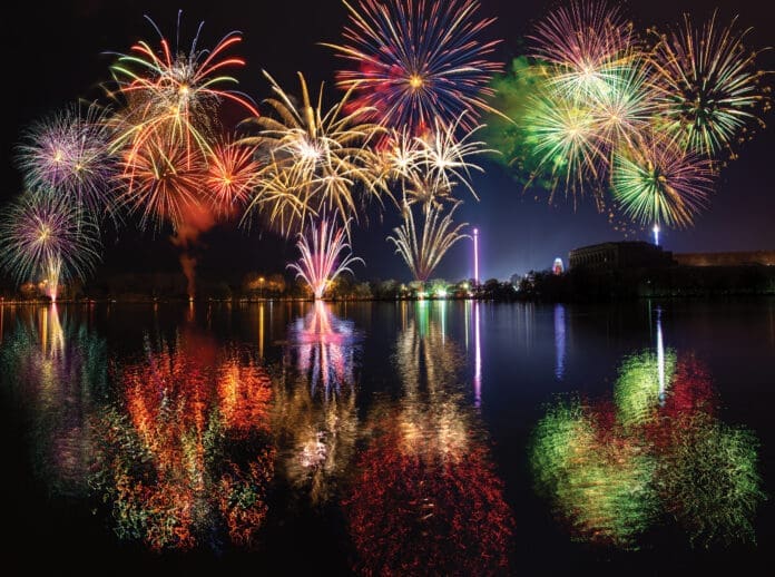 Multiple fireworks with reflections over lake Dutzendteich at spring fair in Nuremberg
