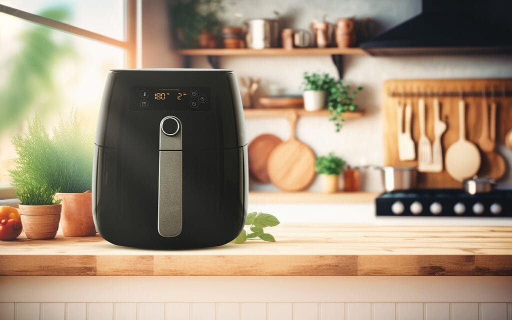 Air fryer machine cooking potato fried in kitchen. Lifestyle of new normal cooking.
