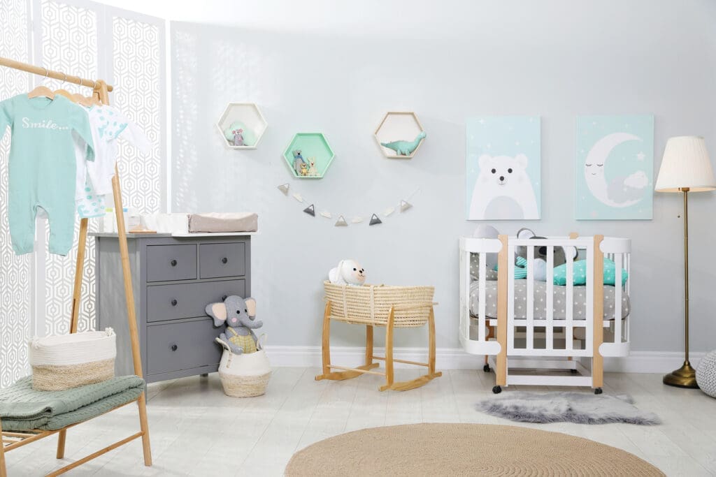 Cozy baby room with crib and other furniture. Interior design