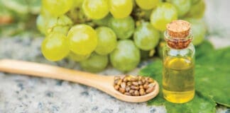 grape seed oil in a small jar. Selective focus.nature