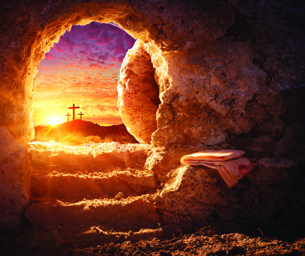 Empty Tomb With Shroud And Crucifixion At Sunrise - Risen Resurrection