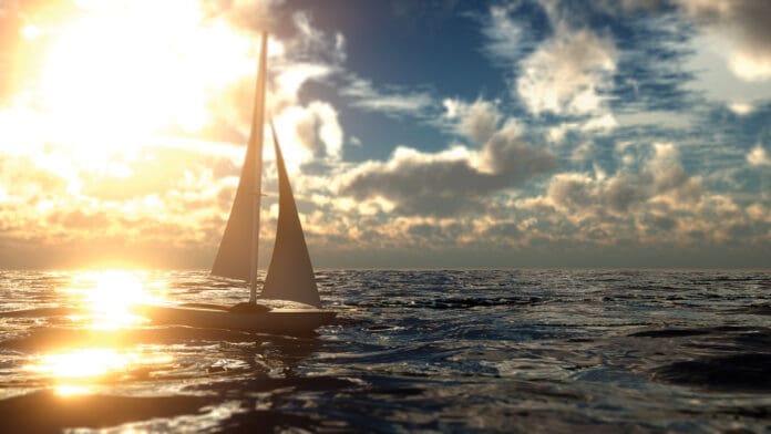 Beautiful Sunset At The Sea With Sailboat - 3D Illustration Beautiful Sunset At The Ocean With Sailboat Background.