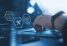 IT support, customer service concept. Computer engineer, technician coding on laptop computer connection with big data storage as backgrounds, digital technology, database, data management
