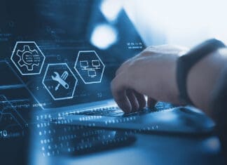 IT support, customer service concept. Computer engineer, technician coding on laptop computer connection with big data storage as backgrounds, digital technology, database, data management