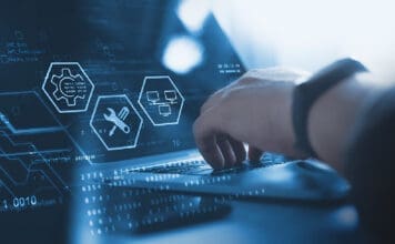 IT support, customer service concept. Computer engineer, technician coding on laptop computer connection with big data storage as backgrounds, digital technology, database, data management