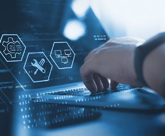IT support, customer service concept. Computer engineer, technician coding on laptop computer connection with big data storage as backgrounds, digital technology, database, data management