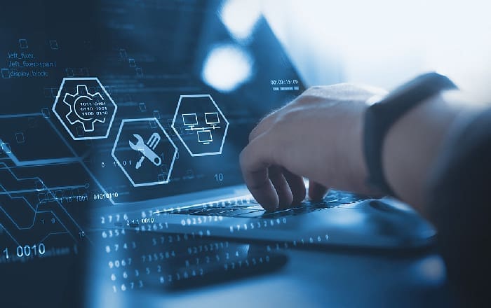 IT support, customer service concept. Computer engineer, technician coding on laptop computer connection with big data storage as backgrounds, digital technology, database, data management